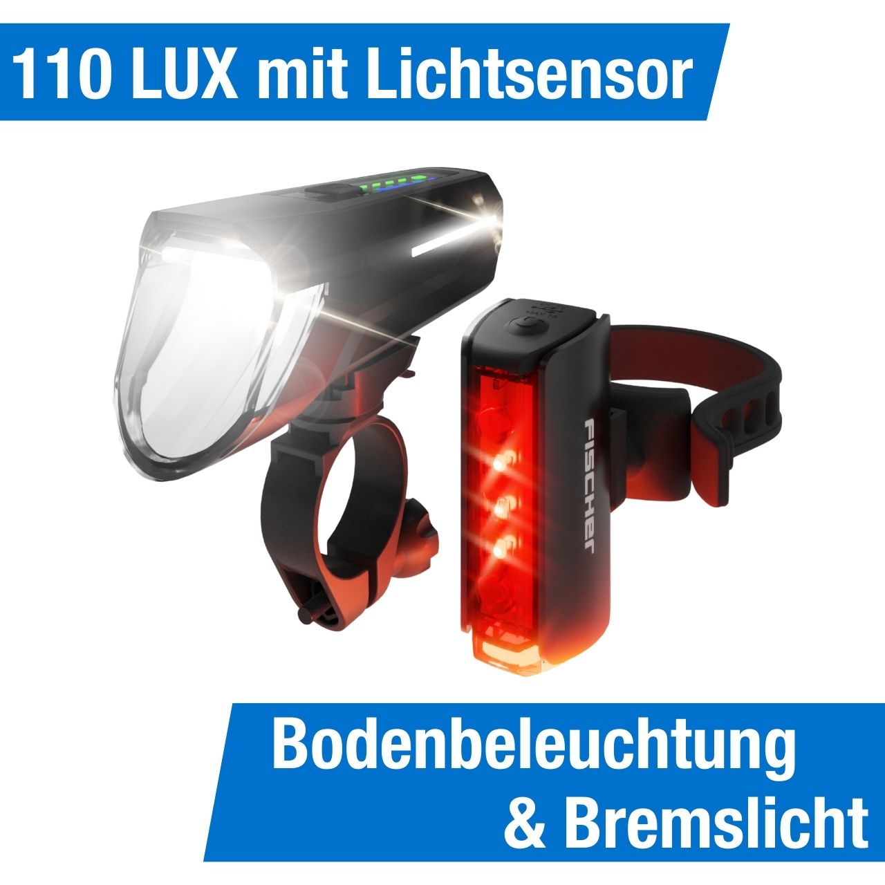 FISCHER LED-Akku Beleuchtungs-Set TWIN STOP 110 Lux, Beleuchtungsset, Beleuchtung (Akku & Batterie), Beleuchtung, Fahrradzubehör
