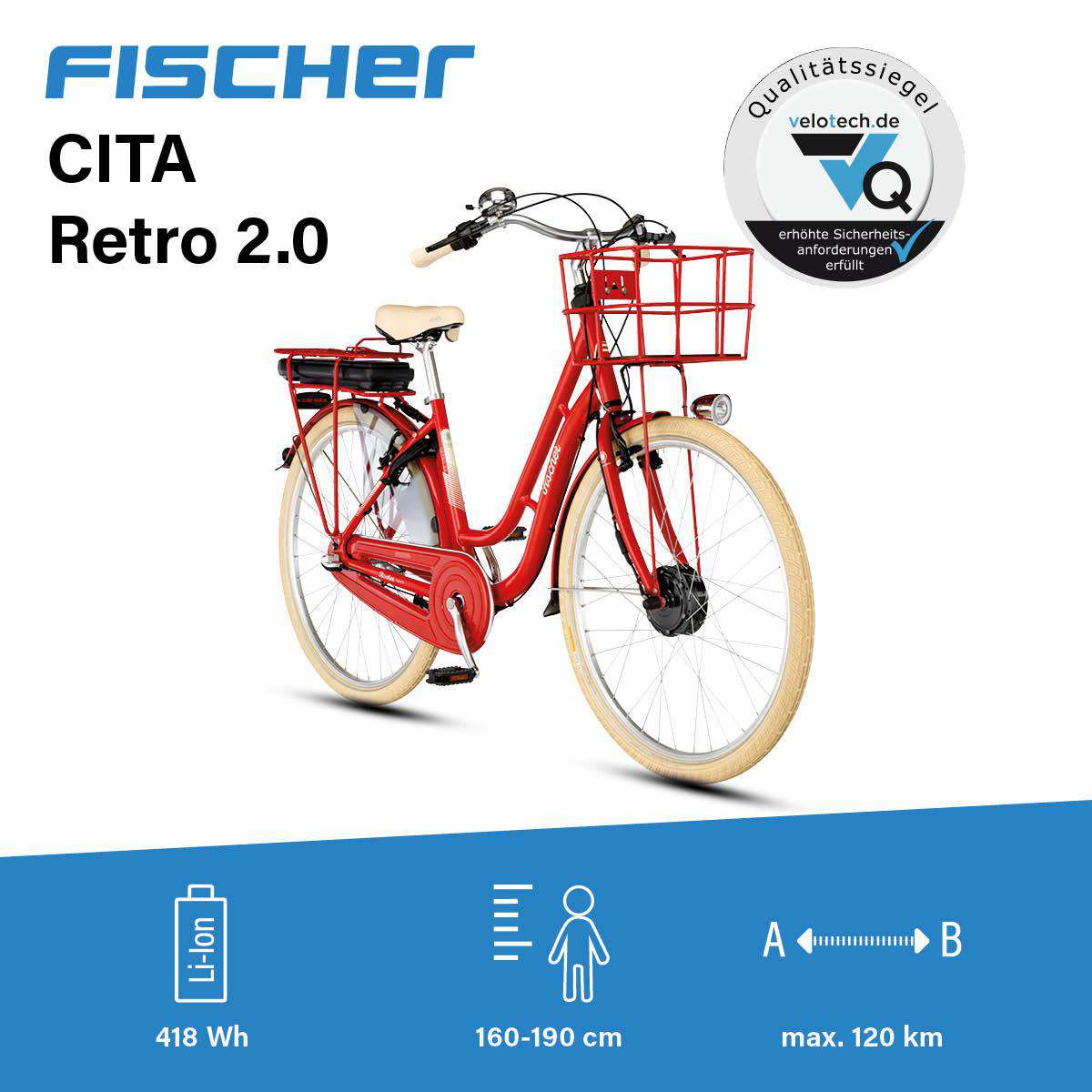 FISCHER City E-Bike Cita Retro 2.0 - rot, RH 48 cm, 28 Zoll, 418 Wh  Rcktritt | FISCHER-BIKE.COM
