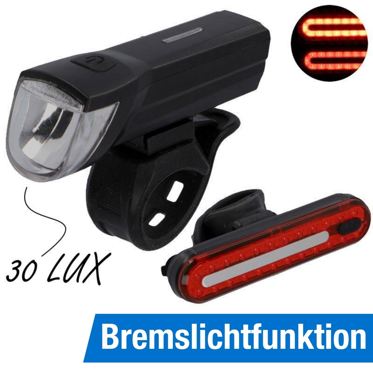 FISCHER Akku-USB-LED Beleuchtungsset 30 Lux inkl. Bremslicht Stableuchte, Beleuchtungsset, Beleuchtung (Akku & Batterie), Beleuchtung, Fahrradzubehör
