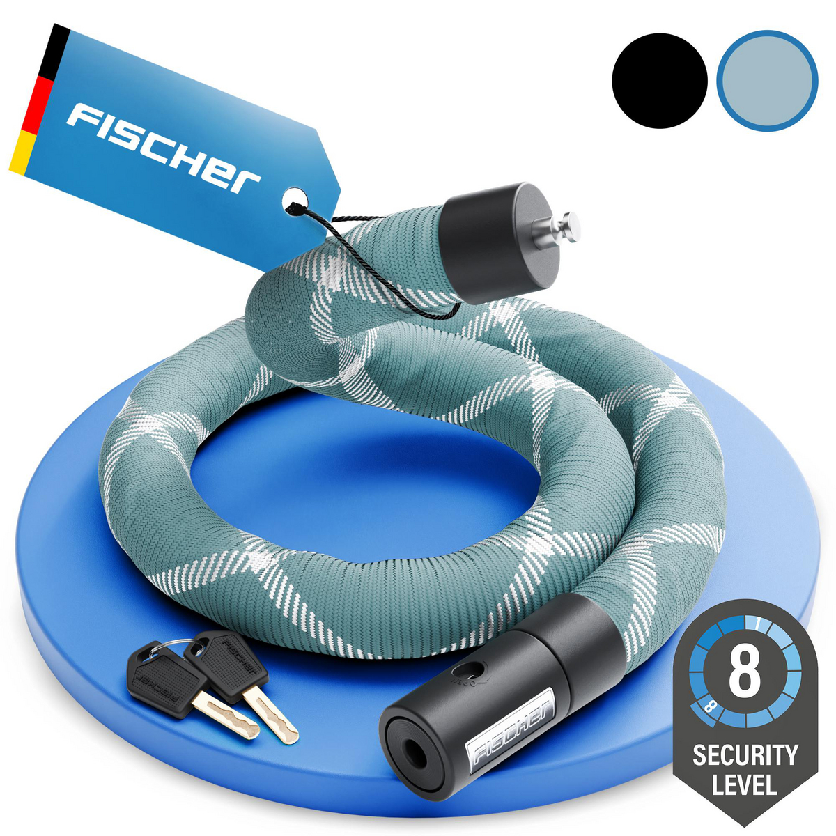 FISCHER Kettenschloss PROTEC SILENCE - 100 cm, Sicherheitslevel 8 - Spezialstahl mit Reflexstreifen