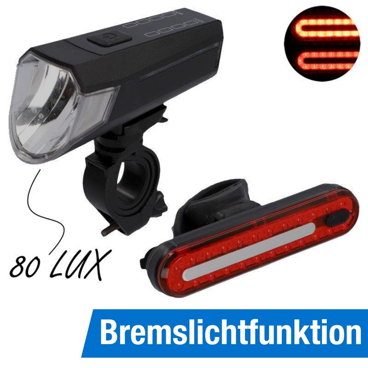 FISCHER Akku-USB-LED Beleuchtungsset - 80 | Lux (Akku Fahrradzubehör Beleuchtung | Beleuchtungsset | | & Stableuchte inkl. Beleuchtung Bremslicht Batterie)
