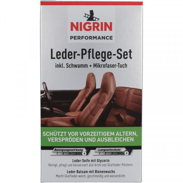 NIGRIN Performance Leder-Pflege-Set Mirkofaser-Tuch, Seife & Balsam 2x 250ml