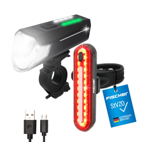 FISCHER Akku-USB-LED Beleuchtungsset - 80 Lux inkl. Bremslicht Stableuchte