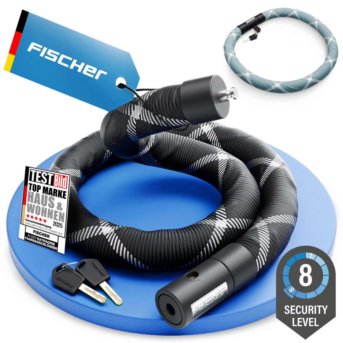 FISCHER Kettenschloss PROTEC SILENCE - 100 cm, Sicherheitslevel 8 - Spezialstahl mit Reflexstreifen