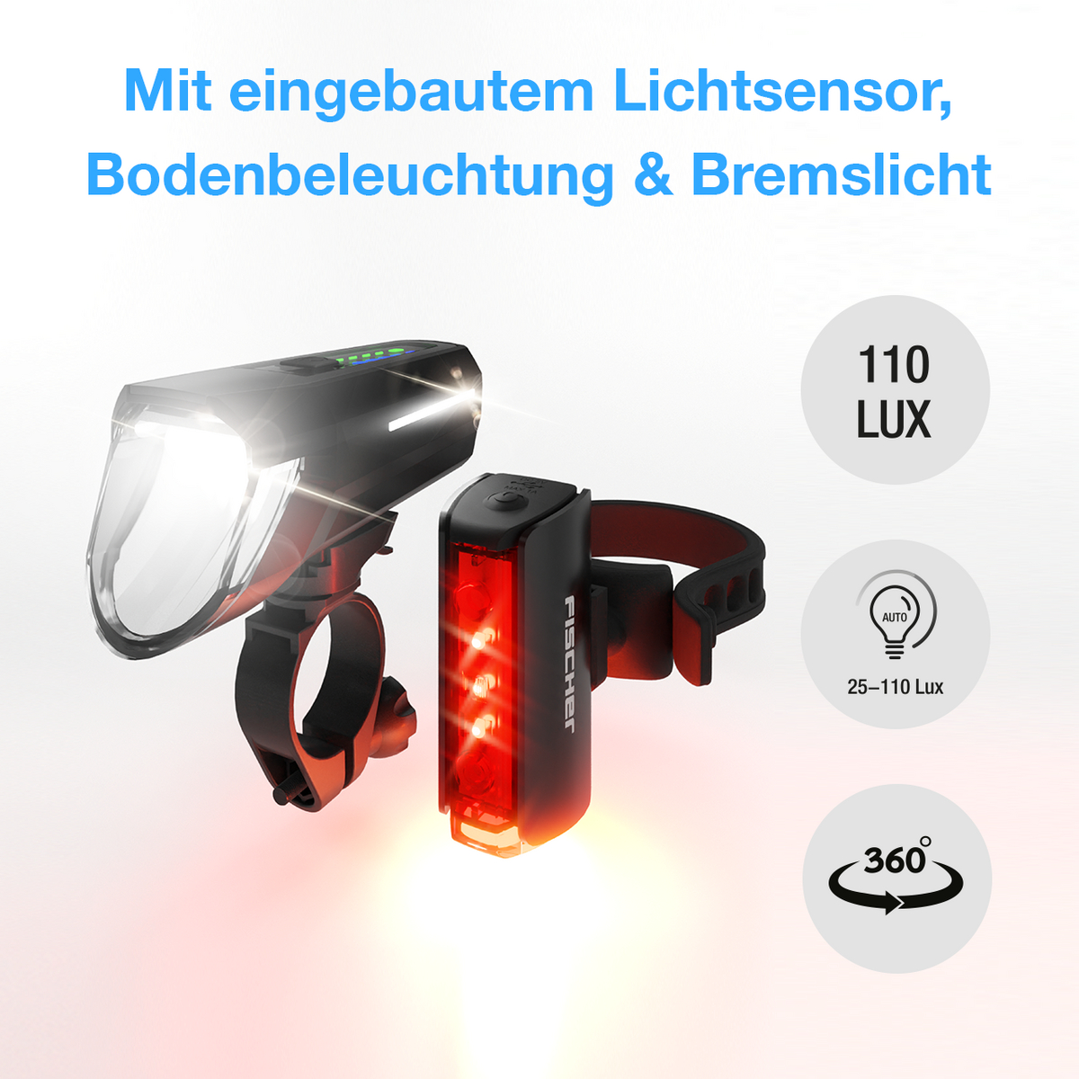 FISCHER LED-Akku Beleuchtungs-Set TWIN STOP 110 Lux, Beleuchtungsset, Beleuchtung (Akku & Batterie), Beleuchtung, Fahrradzubehör